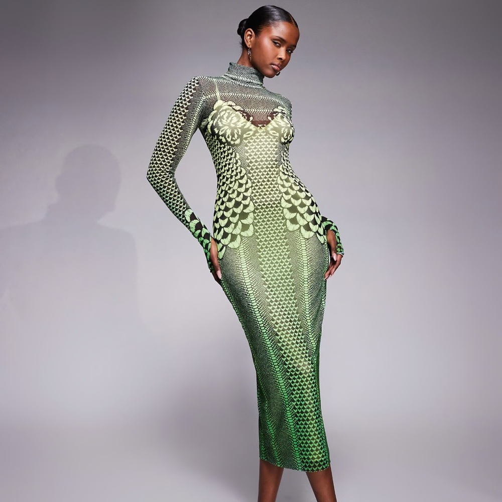 AFRM Green Geometric Long Sleeve Dress